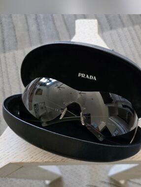 Prada Archive Y2K Rimless Shield Sunglasses Silver Swirl SPR 58F Cyber Punk Mask